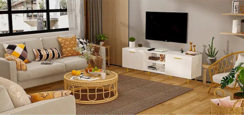 Black TV Stand with Gold Legs - 2 Door Storage for Living Room