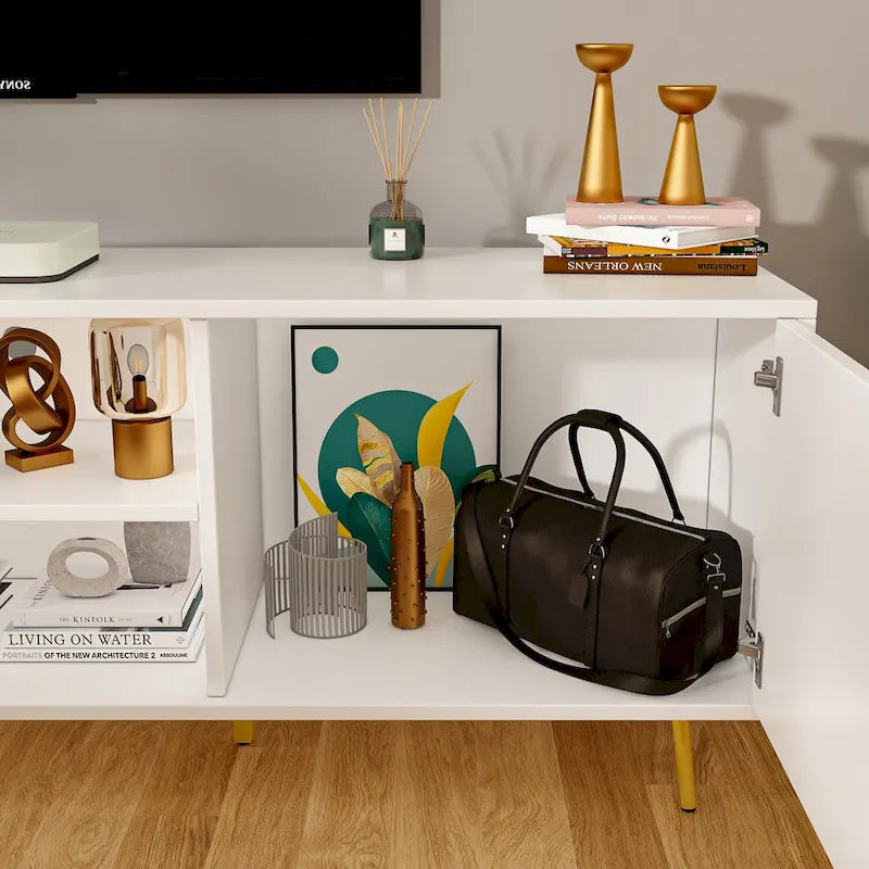 Black TV Stand with Gold Legs - 2 Door Storage for Living Room