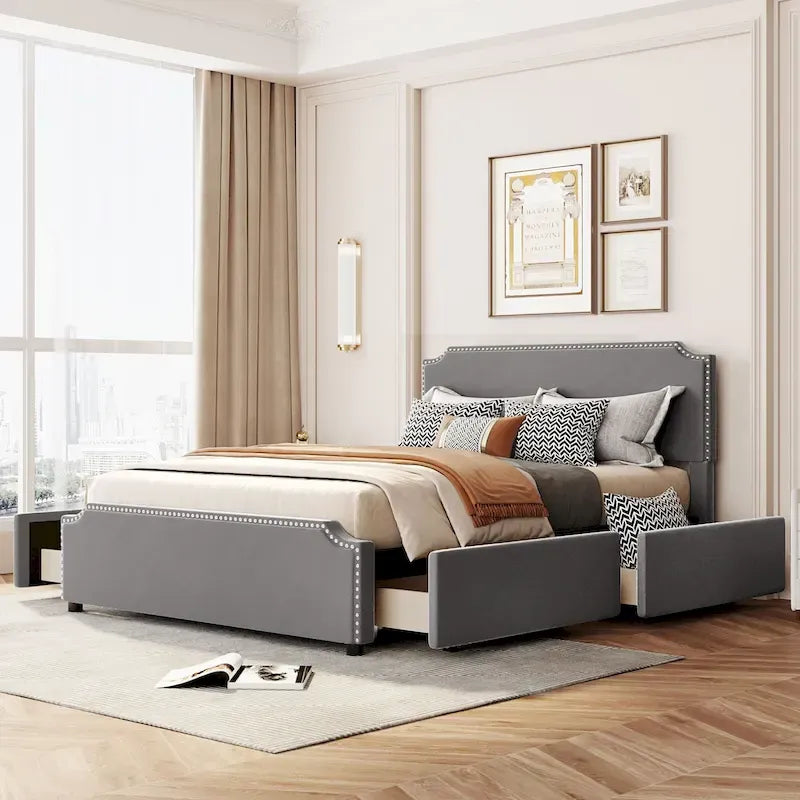 Queen Size Platform Bed with 4 Storage Drawers - Gray Velvet Upholstered
