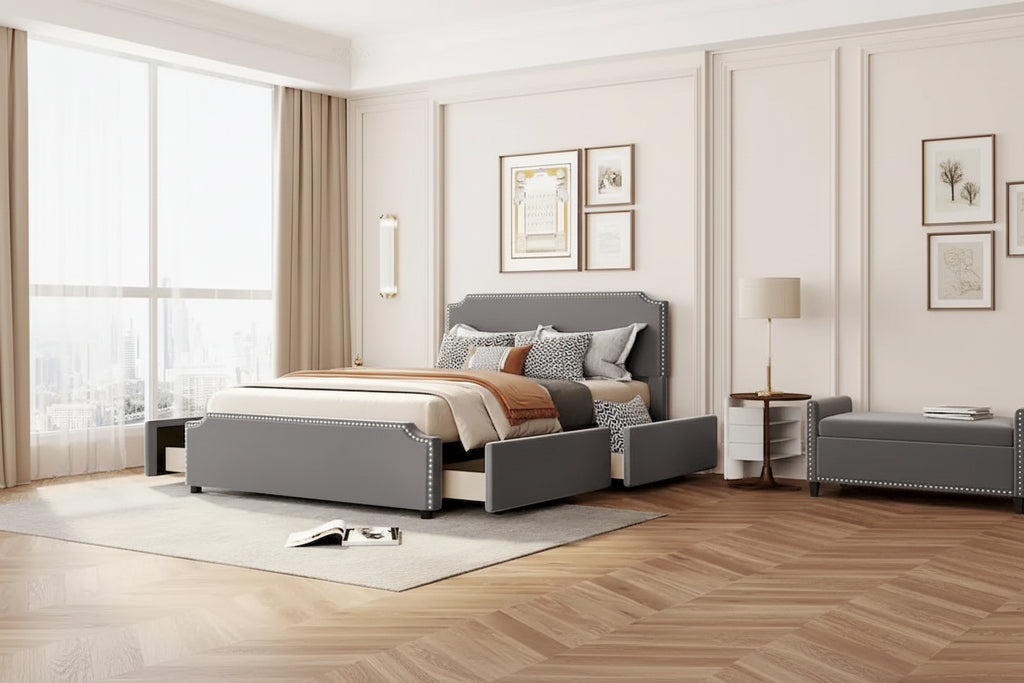 Queen Size Platform Bed with 4 Storage Drawers - Gray Velvet Upholstered