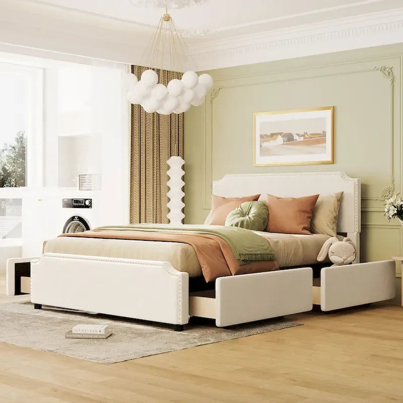 Queen Size Platform Bed with 4 Storage Drawers - Gray Velvet Upholstered