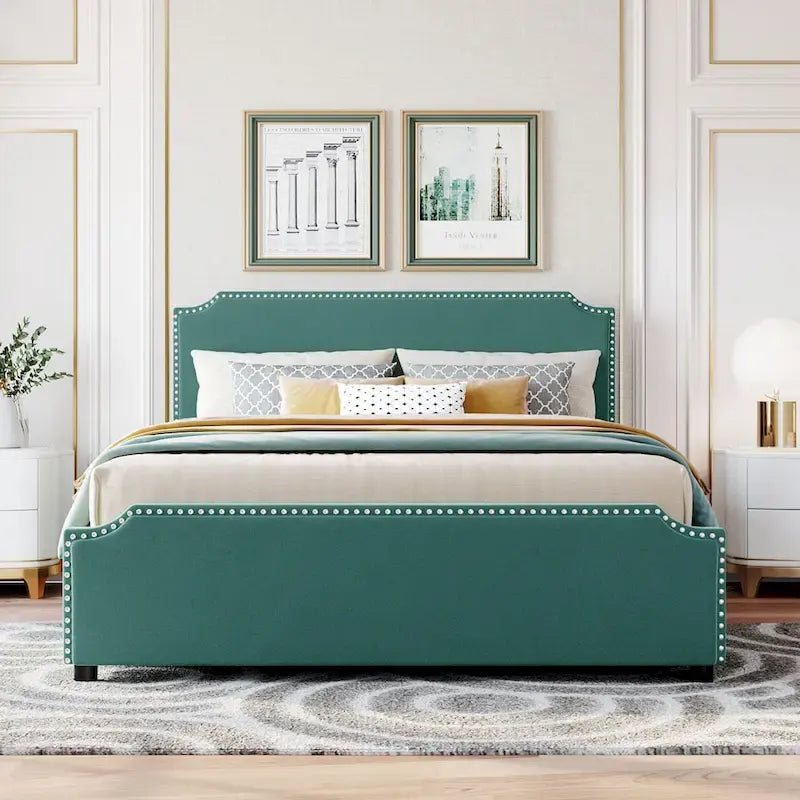 Upholstered Platform Bed with Stud Trim and 4 Drawers