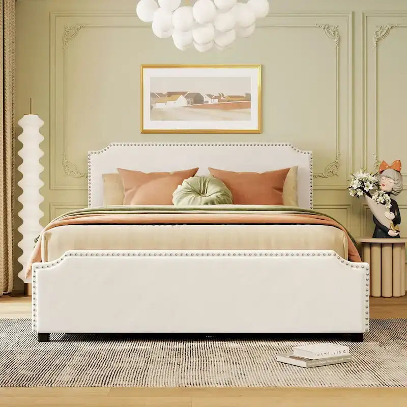 Queen Size Platform Bed with 4 Storage Drawers - Gray Velvet Upholstered