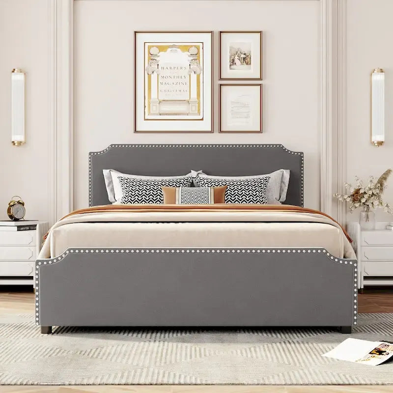 Queen Size Platform Bed with 4 Storage Drawers - Gray Velvet Upholstered