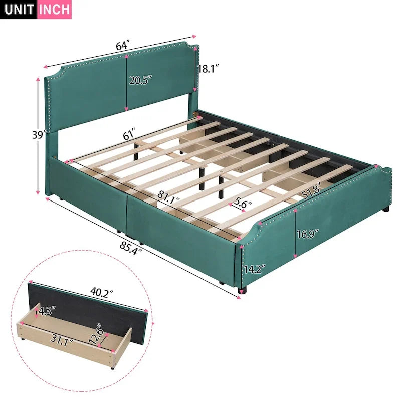 Queen Size Platform Bed with 4 Storage Drawers - Gray Velvet Upholstered