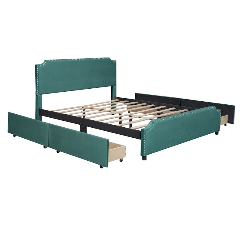 Queen Size Platform Bed with 4 Storage Drawers - Gray Velvet Upholstered
