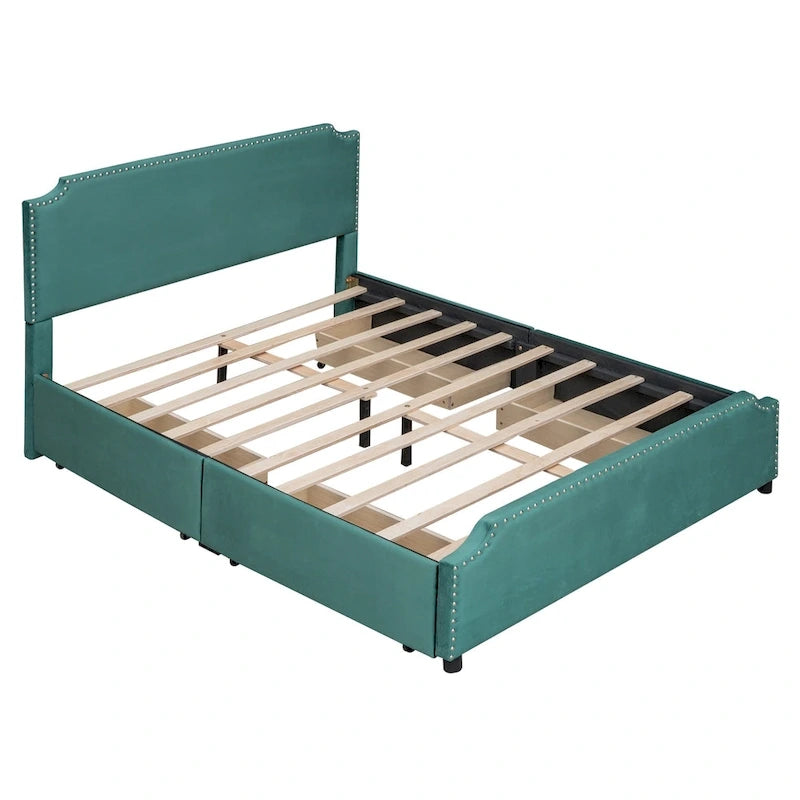 Queen Size Platform Bed with 4 Storage Drawers - Gray Velvet Upholstered