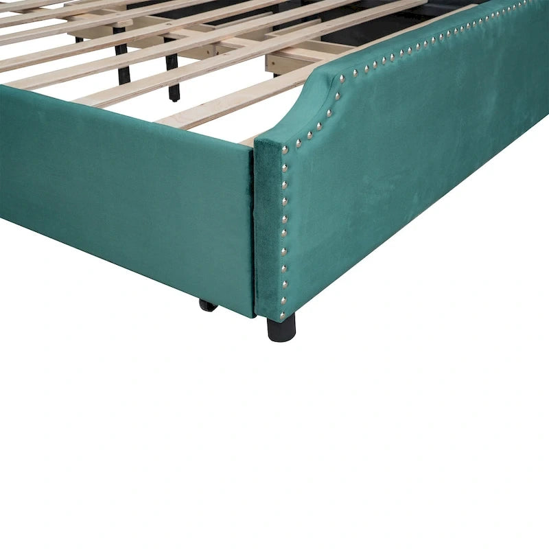 Queen Size Platform Bed with 4 Storage Drawers - Gray Velvet Upholstered