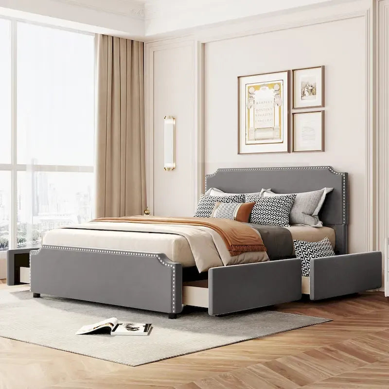 Queen Size Platform Bed with 4 Storage Drawers - Gray Velvet Upholstered