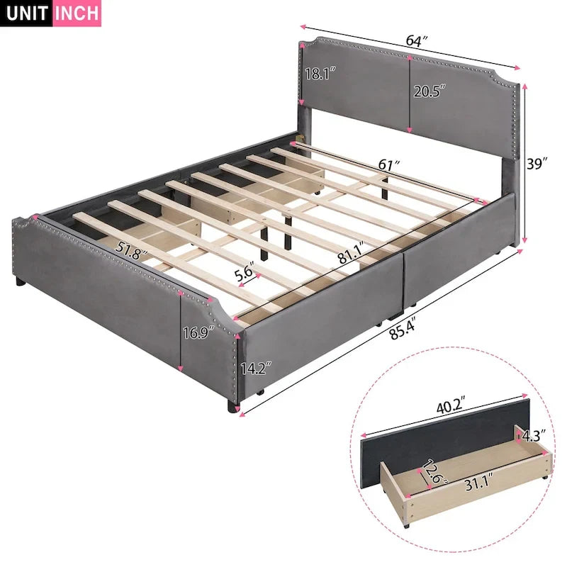 Queen Size Platform Bed with 4 Storage Drawers - Gray Velvet Upholstered