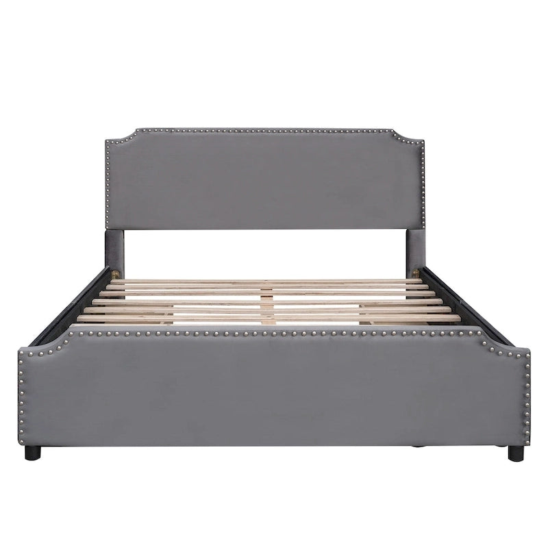 Queen Size Platform Bed with 4 Storage Drawers - Gray Velvet Upholstered