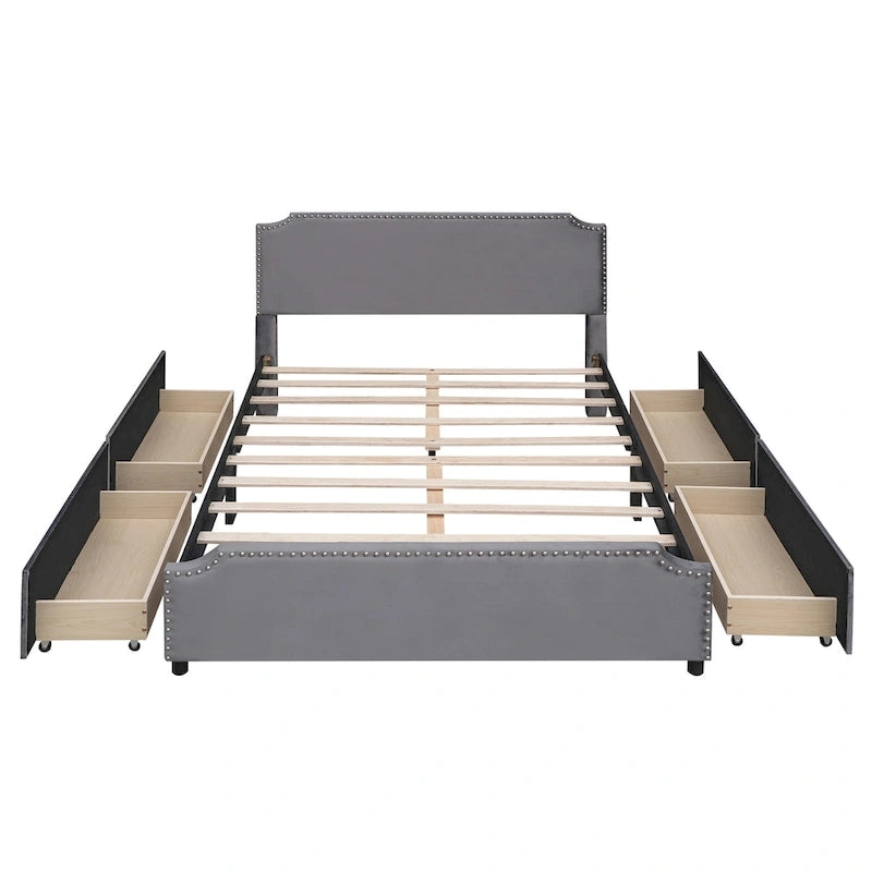 Queen Size Platform Bed with 4 Storage Drawers - Gray Velvet Upholstered