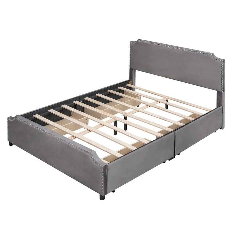 Queen Size Platform Bed with 4 Storage Drawers - Gray Velvet Upholstered