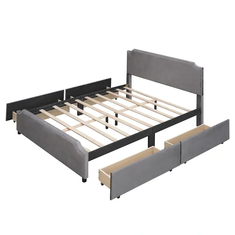 Queen Size Platform Bed with 4 Storage Drawers - Gray Velvet Upholstered