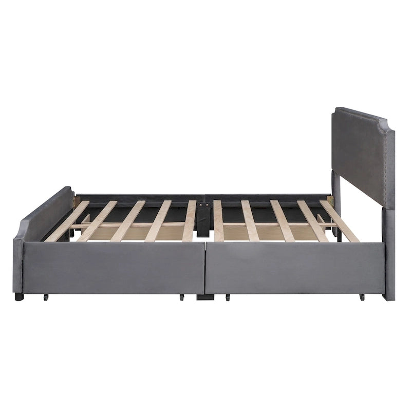 Queen Size Platform Bed with 4 Storage Drawers - Gray Velvet Upholstered