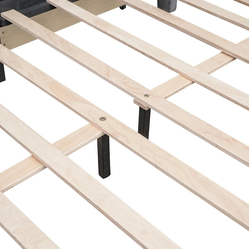 Queen Size Platform Bed with 4 Storage Drawers - Gray Velvet Upholstered