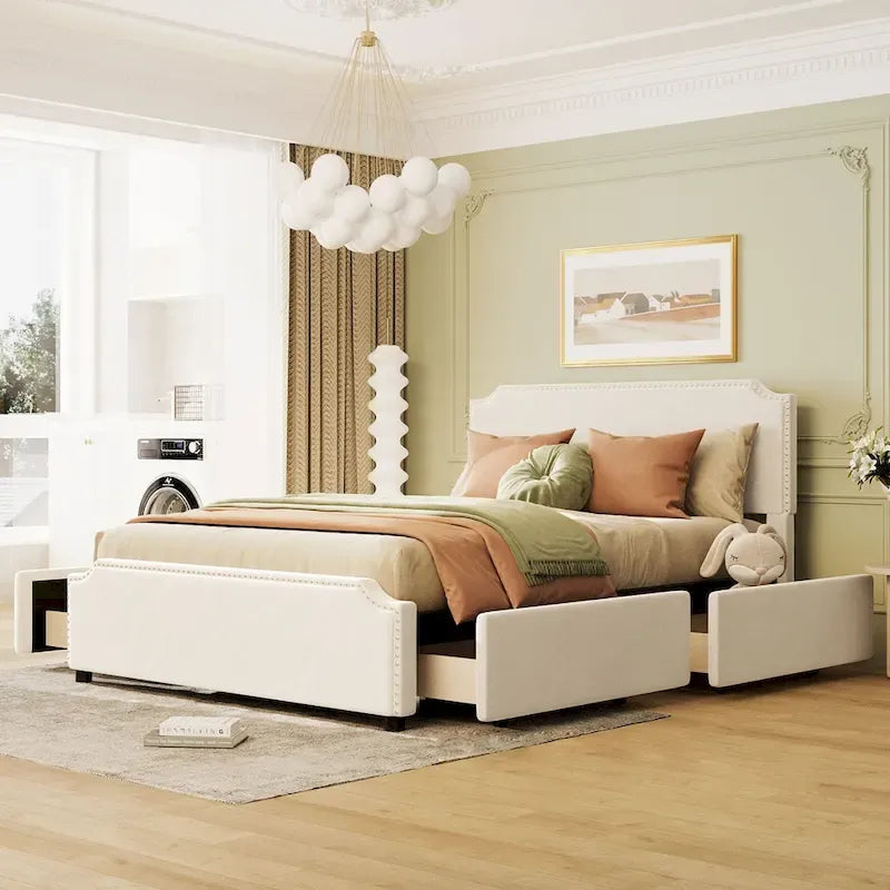 Queen Size Platform Bed with 4 Storage Drawers - Gray Velvet Upholstered