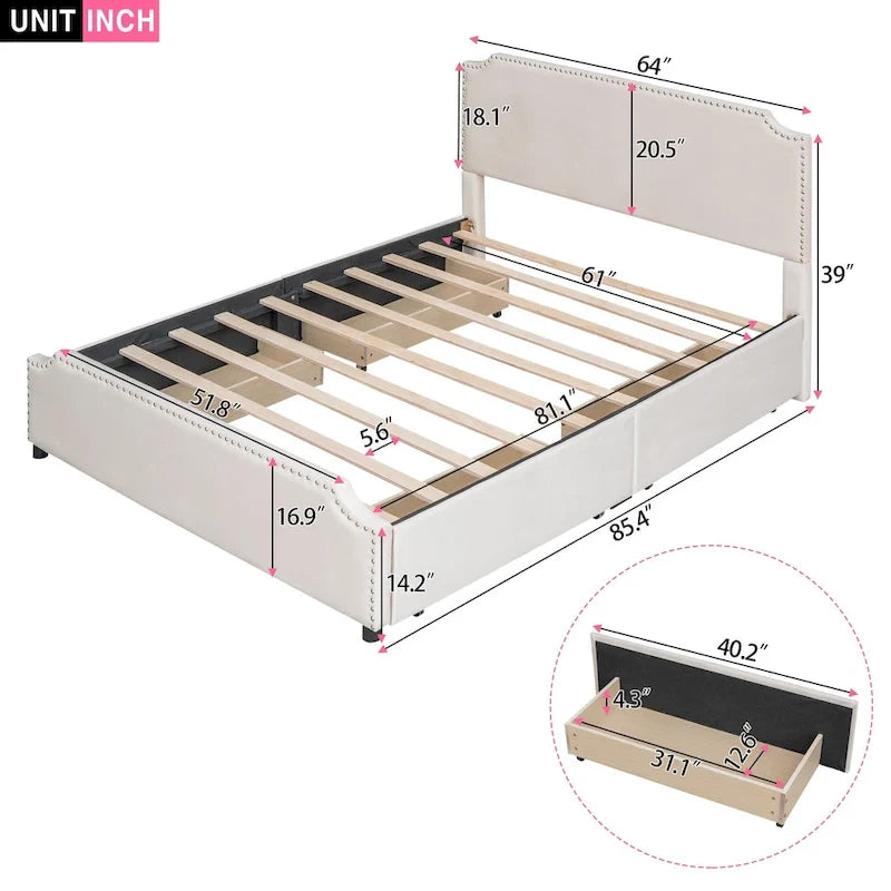 Queen Size Platform Bed with 4 Storage Drawers - Gray Velvet Upholstered