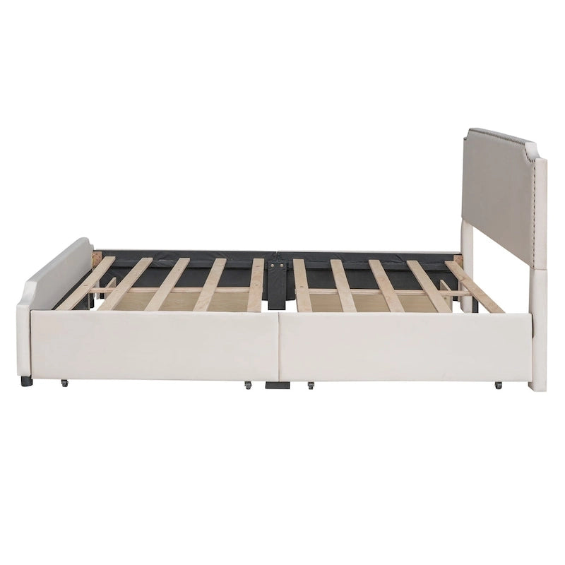 Queen Size Platform Bed with 4 Storage Drawers - Gray Velvet Upholstered