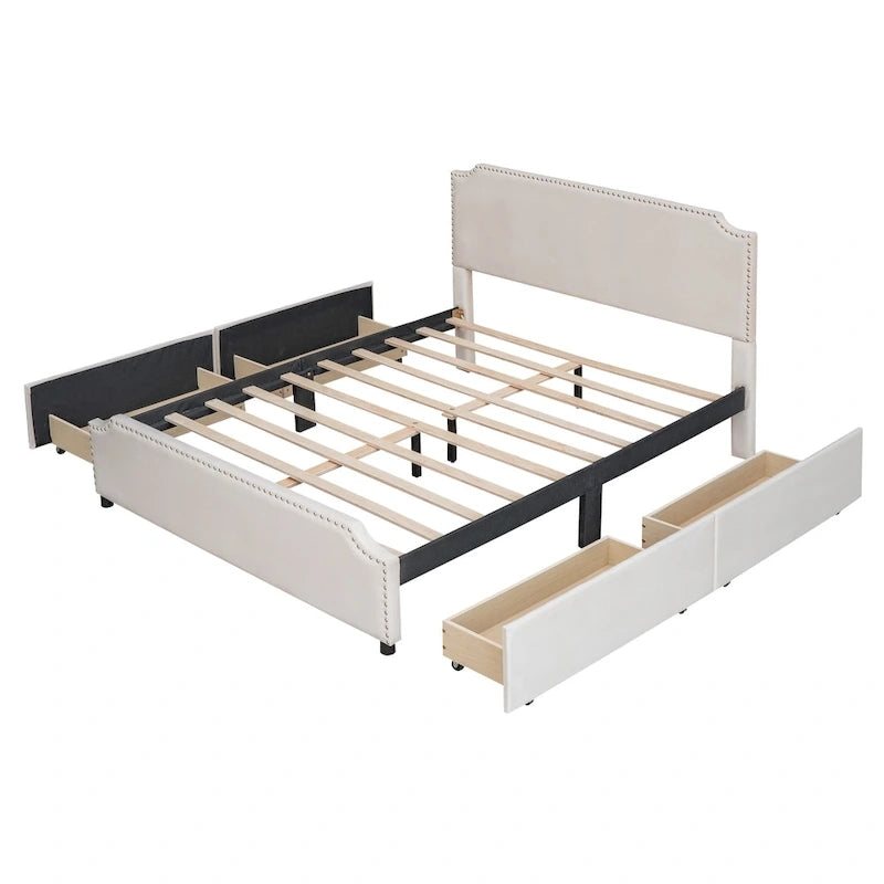 Queen Size Platform Bed with 4 Storage Drawers - Gray Velvet Upholstered