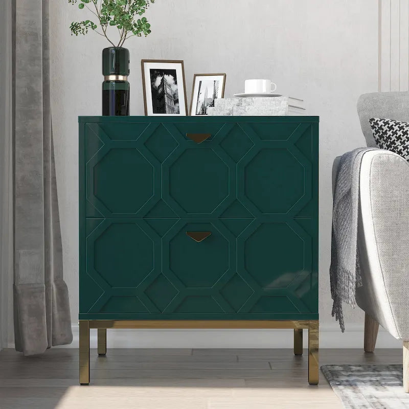 Wooden 2-Drawer Storage Nightstand with Gold Metal Legs