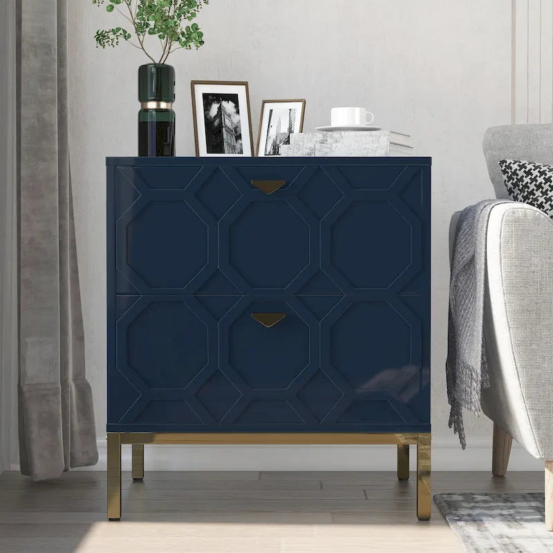 Wooden 2-Drawer Storage Nightstand with Gold Metal Legs