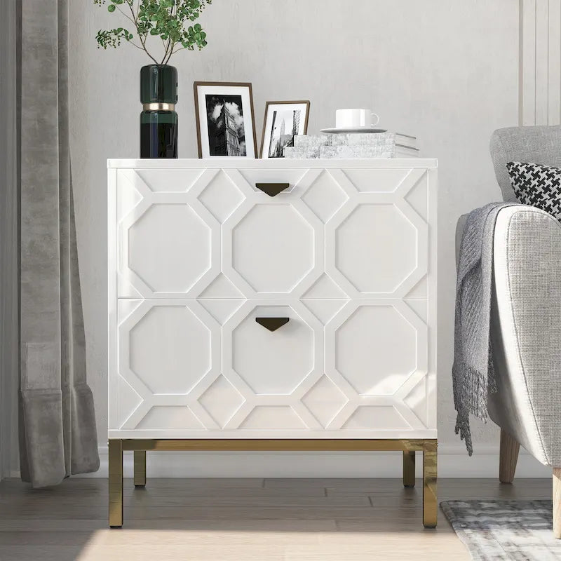 Wooden 2-Drawer Storage Nightstand with Gold Metal Legs