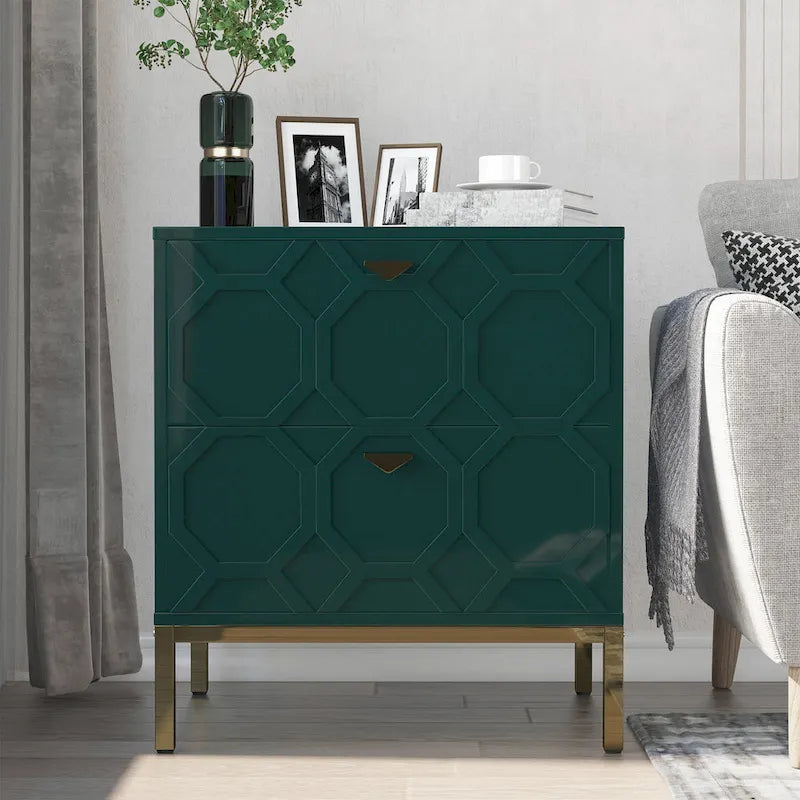 Wooden 2-Drawer Storage Nightstand with Gold Metal Legs