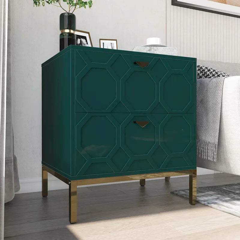 Wooden 2-Drawer Storage Nightstand with Gold Metal Legs