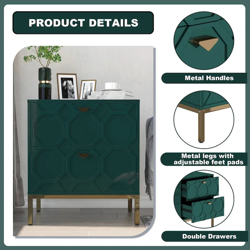 Wooden 2-Drawer Storage Nightstand with Gold Metal Legs