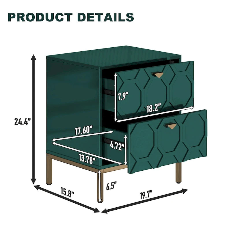 Wooden 2-Drawer Storage Nightstand with Gold Metal Legs