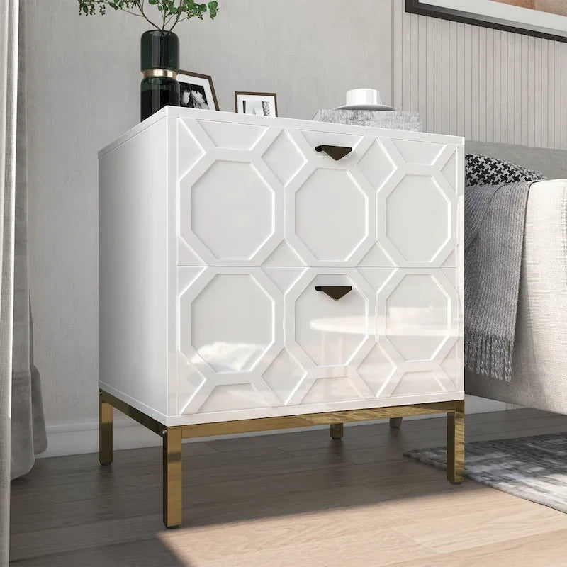 Wooden 2-Drawer Storage Nightstand with Gold Metal Legs