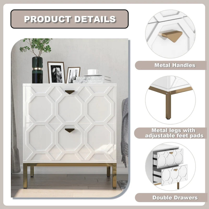 Wooden 2-Drawer Storage Nightstand with Gold Metal Legs