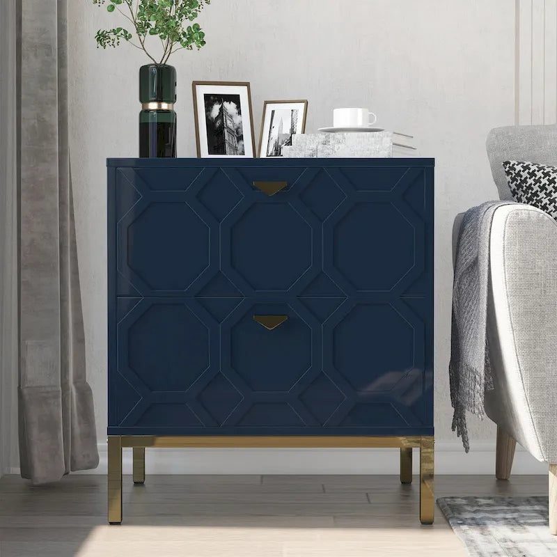 Wooden 2-Drawer Storage Nightstand with Gold Metal Legs