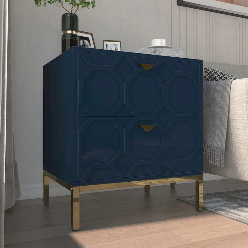 Wooden 2-Drawer Storage Nightstand with Gold Metal Legs