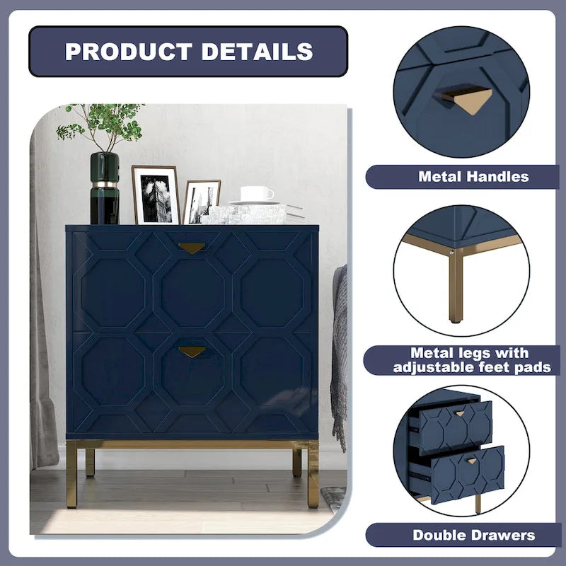 Wooden 2-Drawer Storage Nightstand with Gold Metal Legs