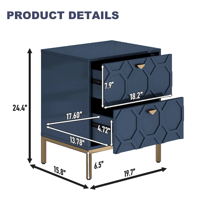Wooden 2-Drawer Storage Nightstand with Gold Metal Legs
