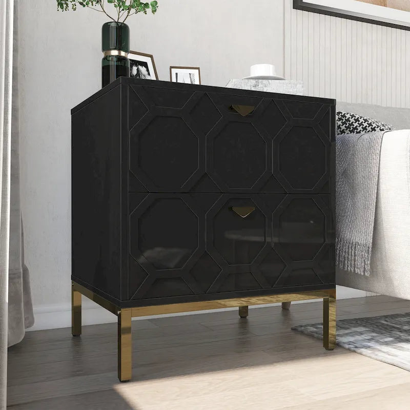 Wooden 2-Drawer Storage Nightstand with Gold Metal Legs