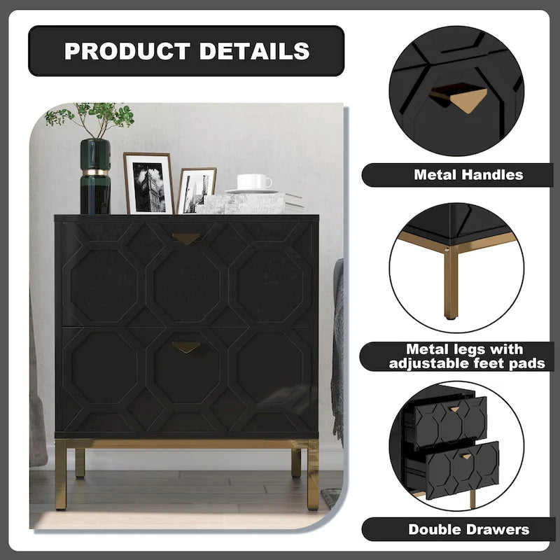 Wooden 2-Drawer Storage Nightstand with Gold Metal Legs