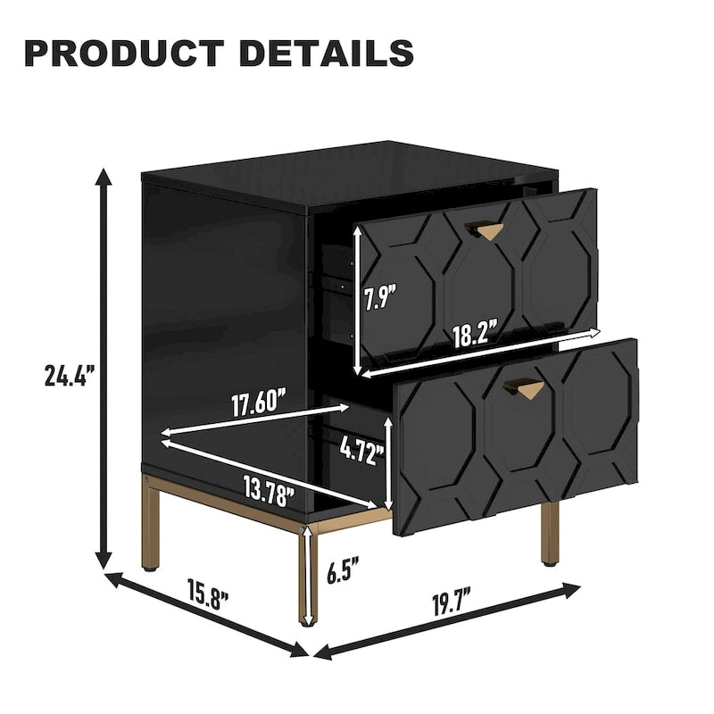 Wooden 2-Drawer Storage Nightstand with Gold Metal Legs