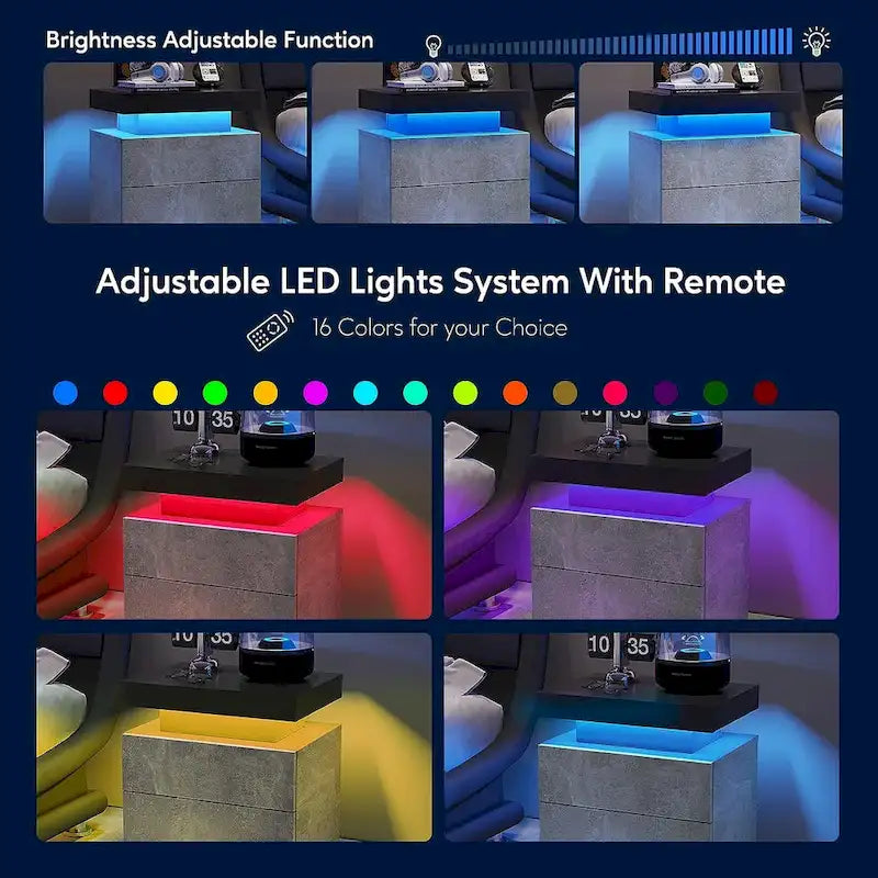 2 Drawers Nightstand with LED Lights
