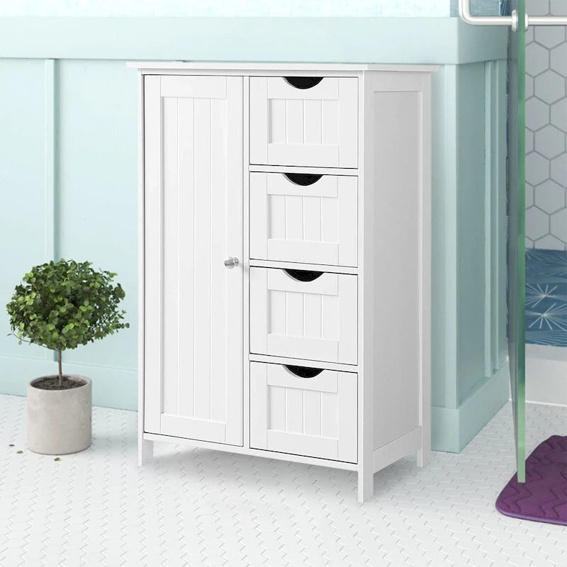 White Bathroom Storage Cabinet with Adjustable Shelf and Drawers