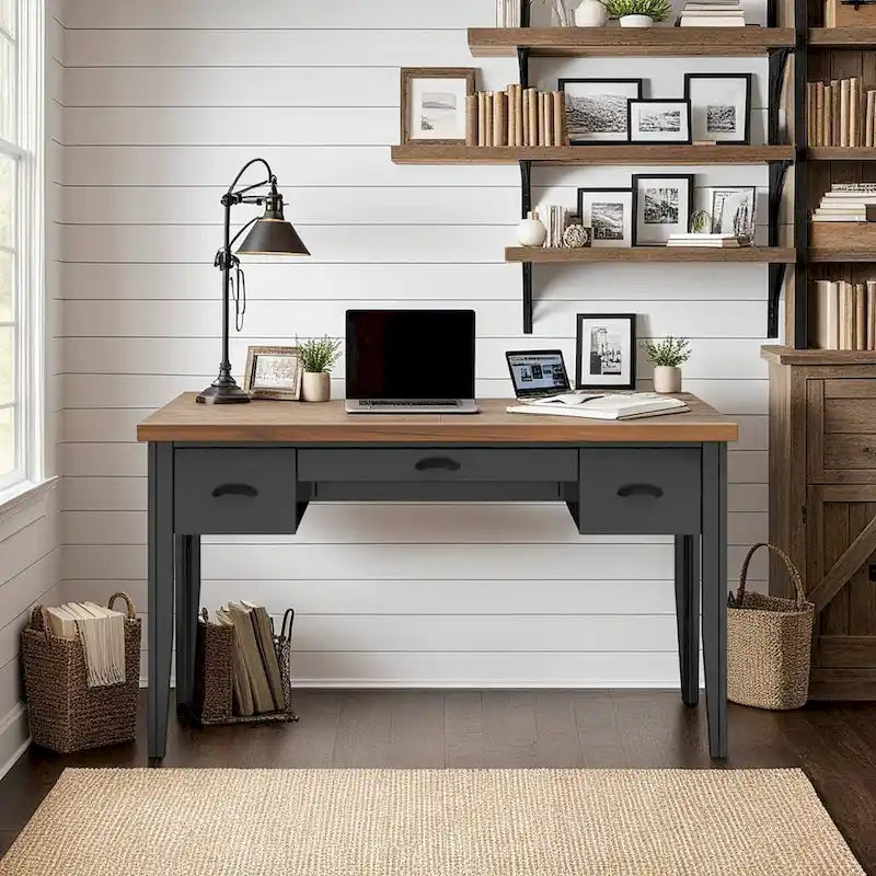 Bridgevine Home Modern Farmhouse 53 inch Writing Desk, No Assembly Required, Two-Tone Finish