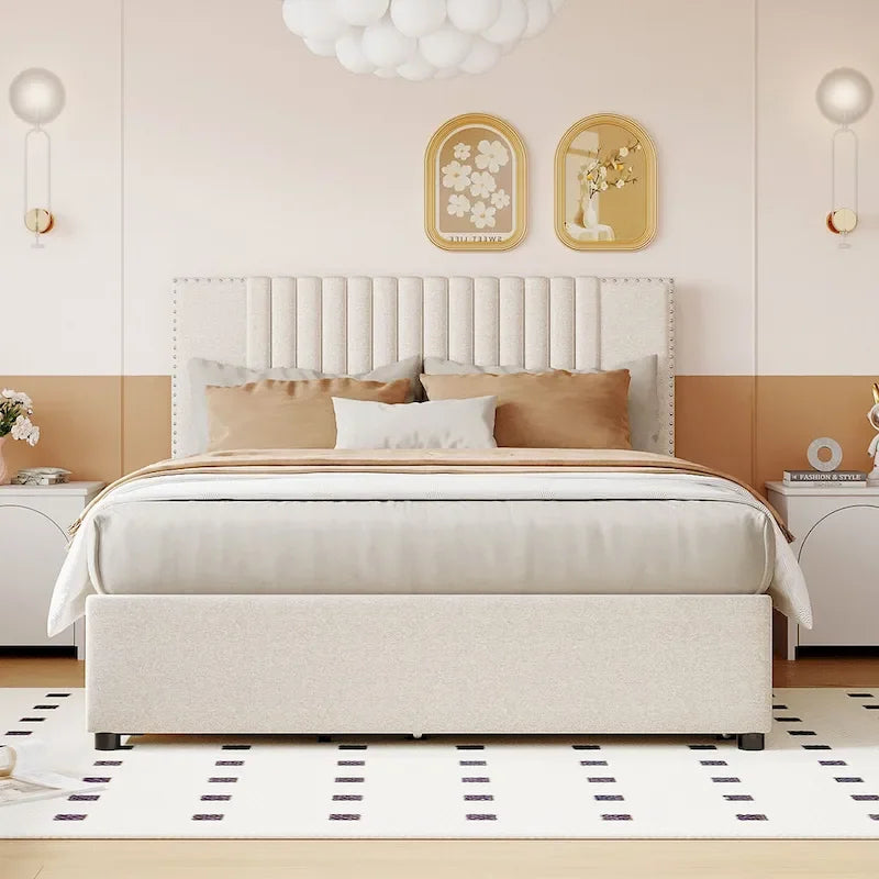 Full Size Platform Bed with Trundle and 2 Drawers - Beige Upholstered