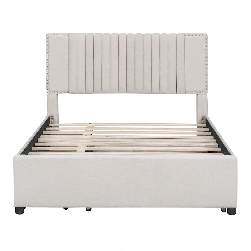 Full Size Platform Bed with Trundle and 2 Drawers - Beige Upholstered