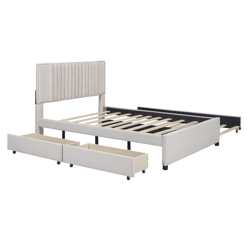 Full Size Platform Bed with Trundle and 2 Drawers - Beige Upholstered