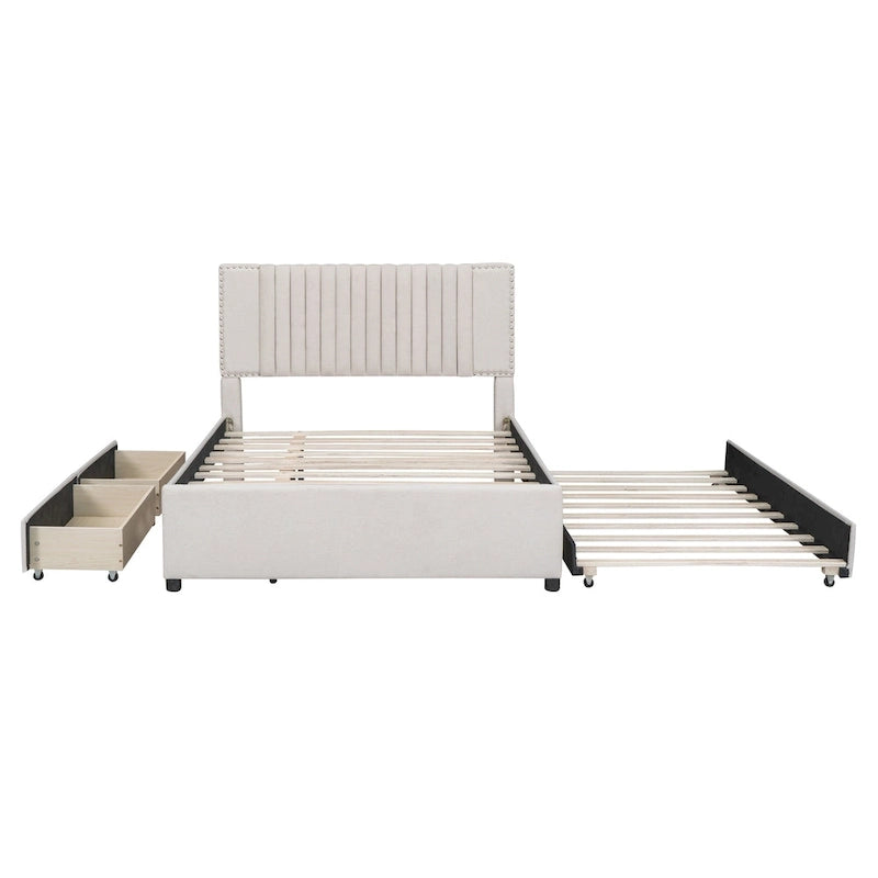 Full Size Platform Bed with Trundle and 2 Drawers - Beige Upholstered
