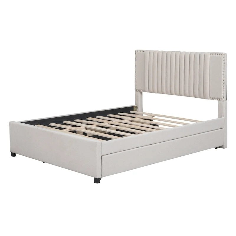 Full Size Platform Bed with Trundle and 2 Drawers - Beige Upholstered