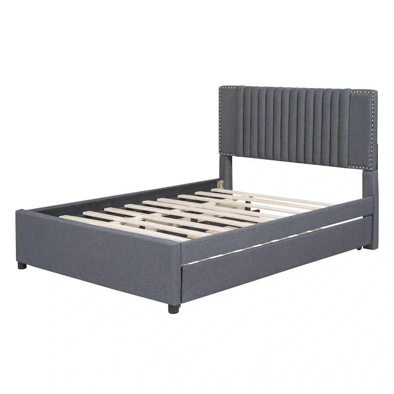 Full Size Platform Bed with Trundle and 2 Drawers - Beige Upholstered