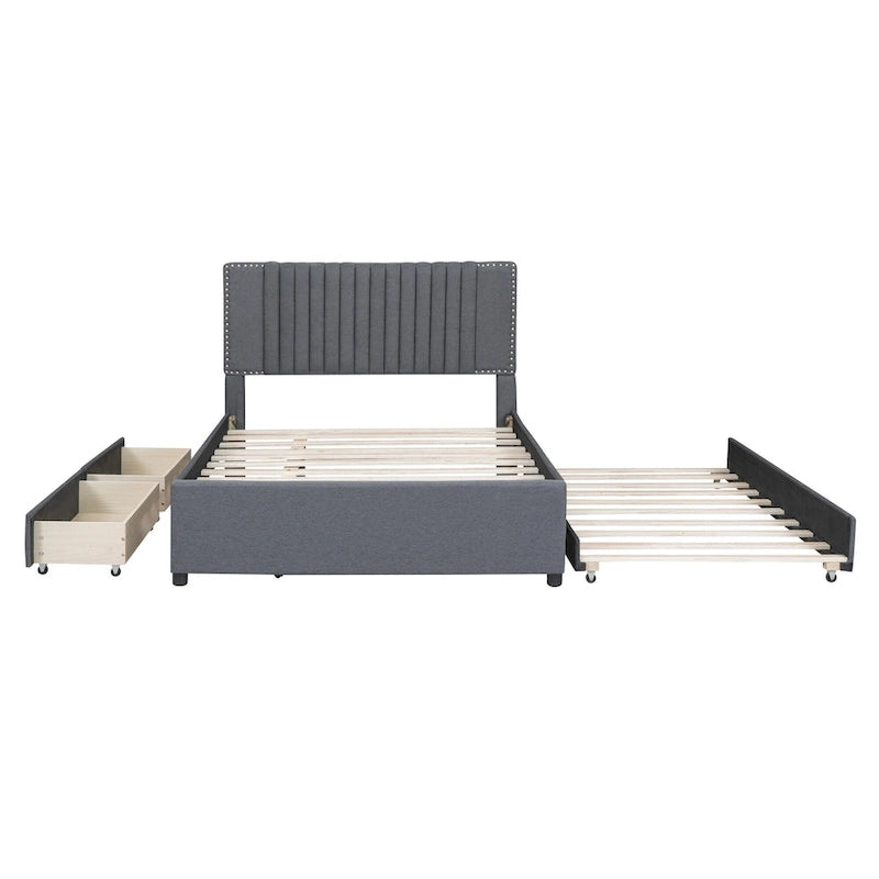Full Size Platform Bed with Trundle and 2 Drawers - Beige Upholstered